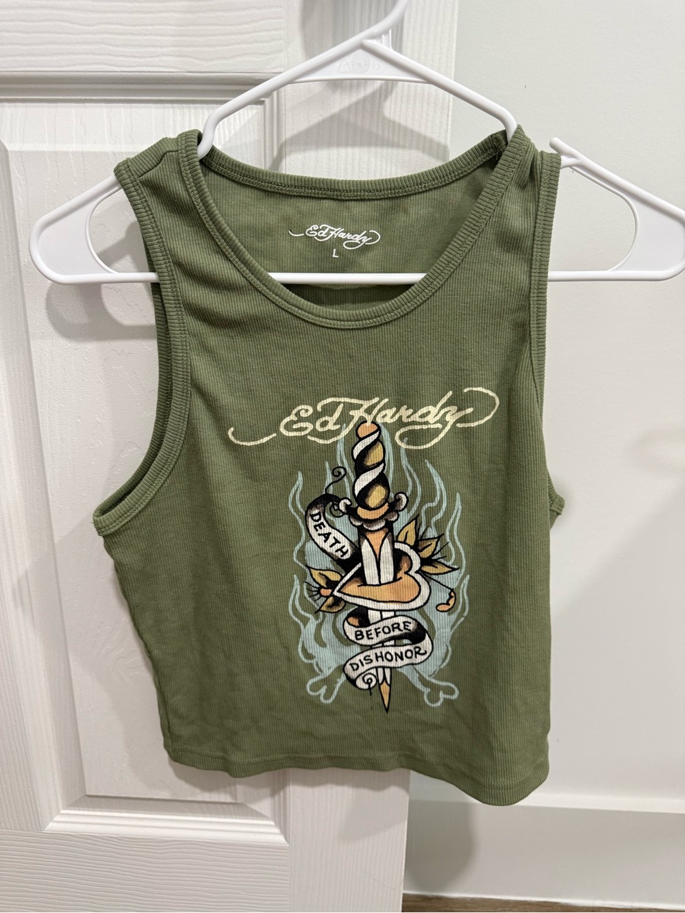 Ed Hardy Death Before Dishonor Rib Knit Crop Tank Top Women Size Large